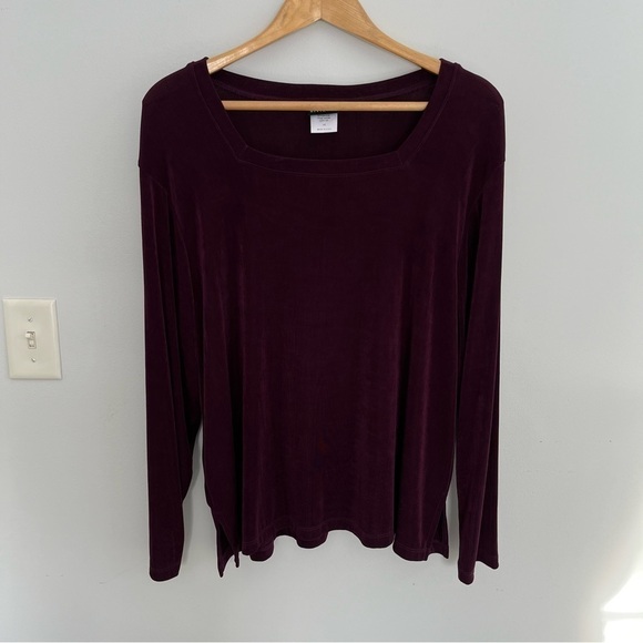 Citiknits Womens Square Neck Top Size 1X Slinky Long Sleeve Wine Color - Picture 2 of 10